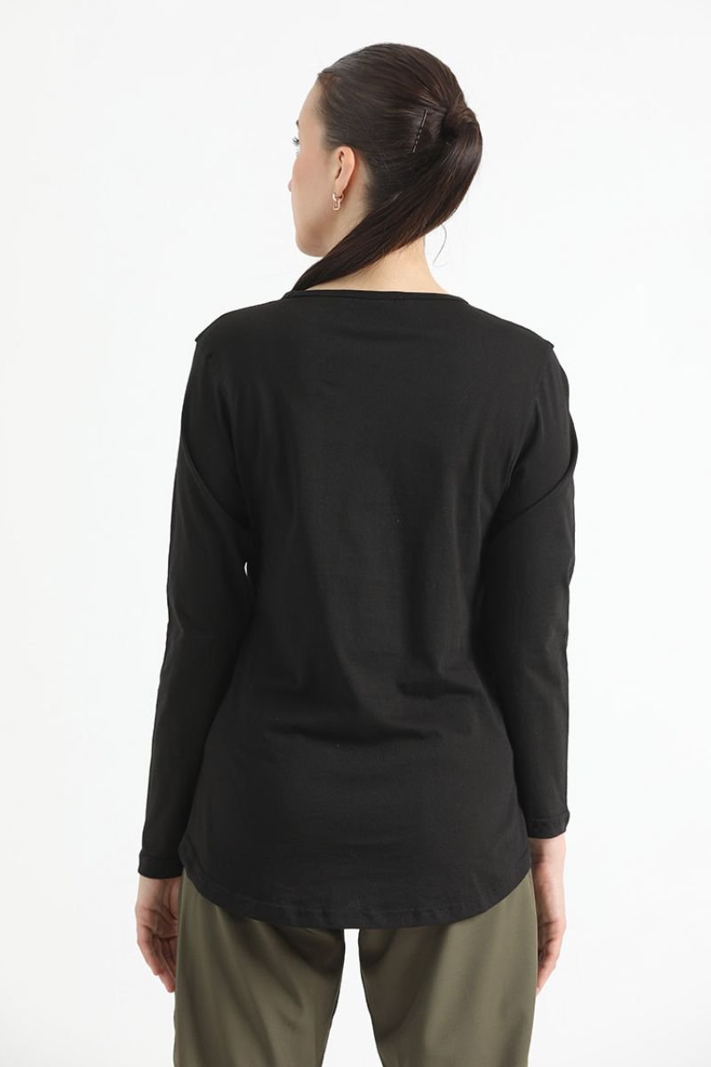 ELONGATED FULL SLEEVE COTTON TEE (BLACK) - Luna Active Fit